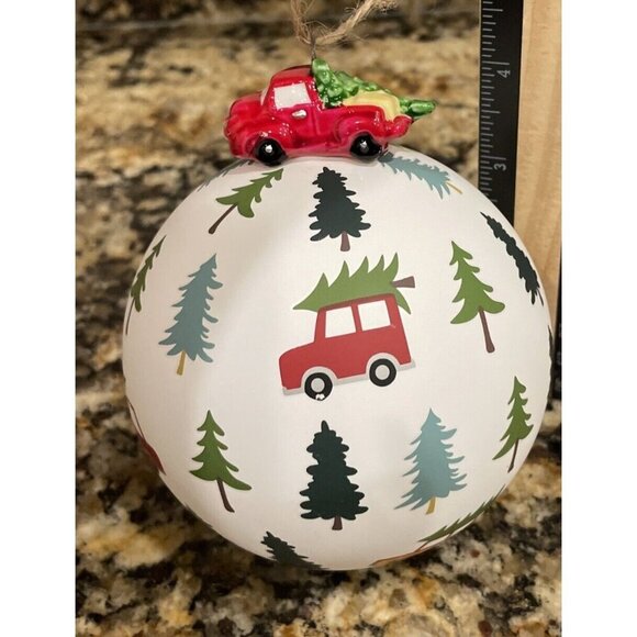Red Pickup Truck Forest Trees HandBlown Ball Glass Christmas Ornament NEW - Picture 3 of 3
